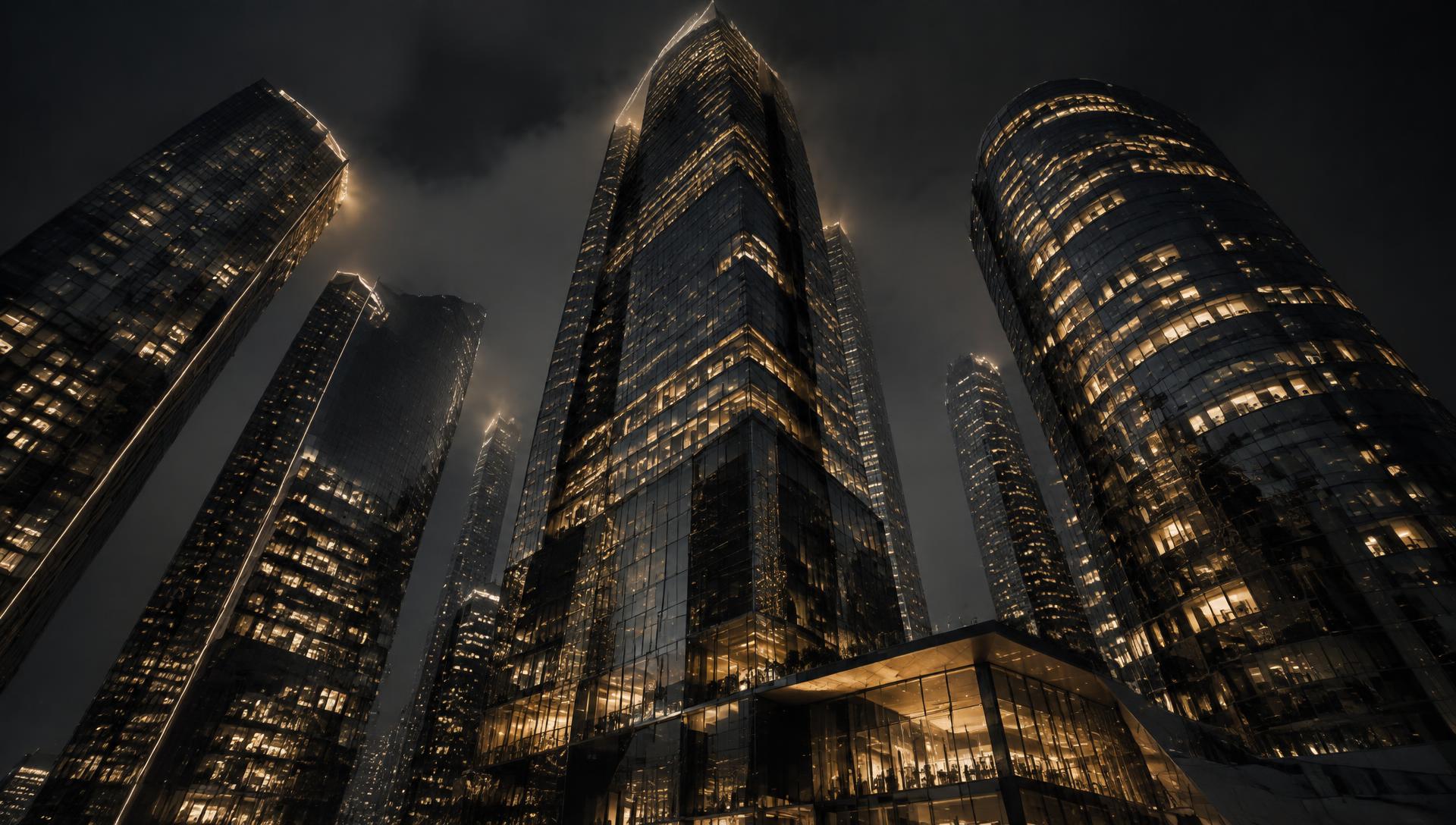 Modern high-rise glass towers lit at night